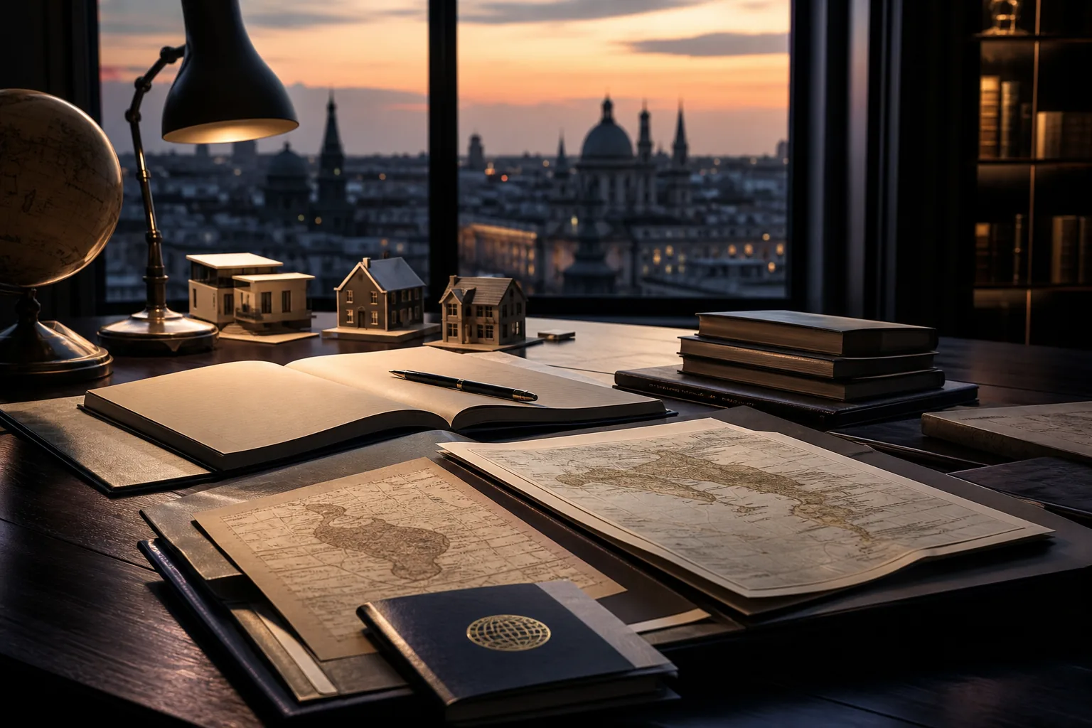 Cross-border tax research — documents and city skyline at dusk