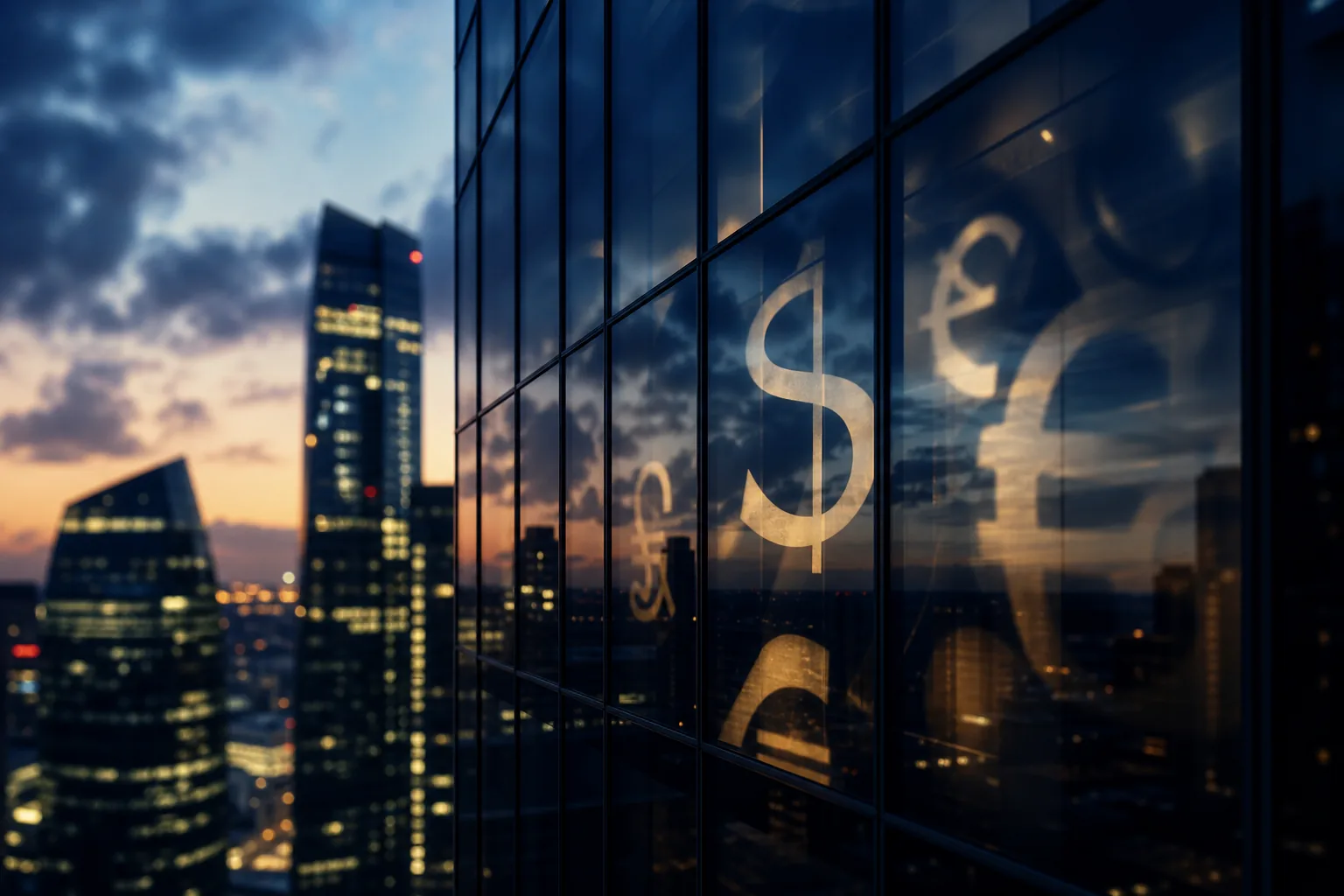 Glass towers reflecting currency-like light at dusk
