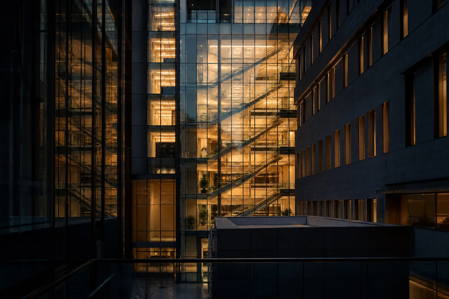 Layered glass architecture suggesting ownership structures