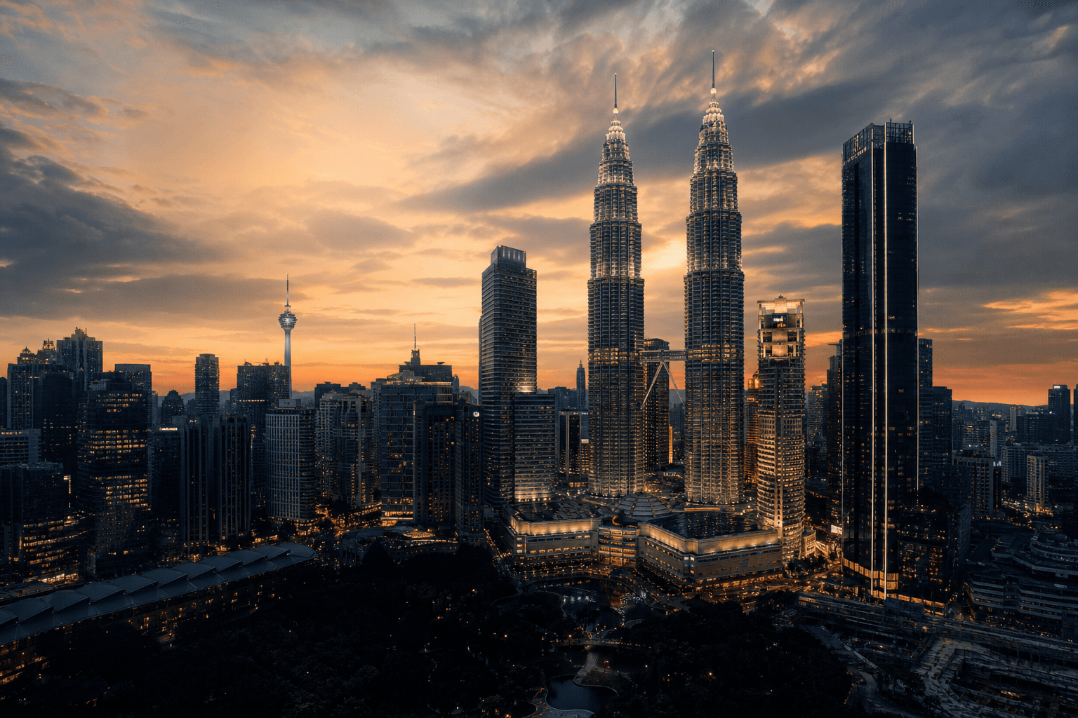 Kuala Lumpur skyline with Petronas Towers at dusk
