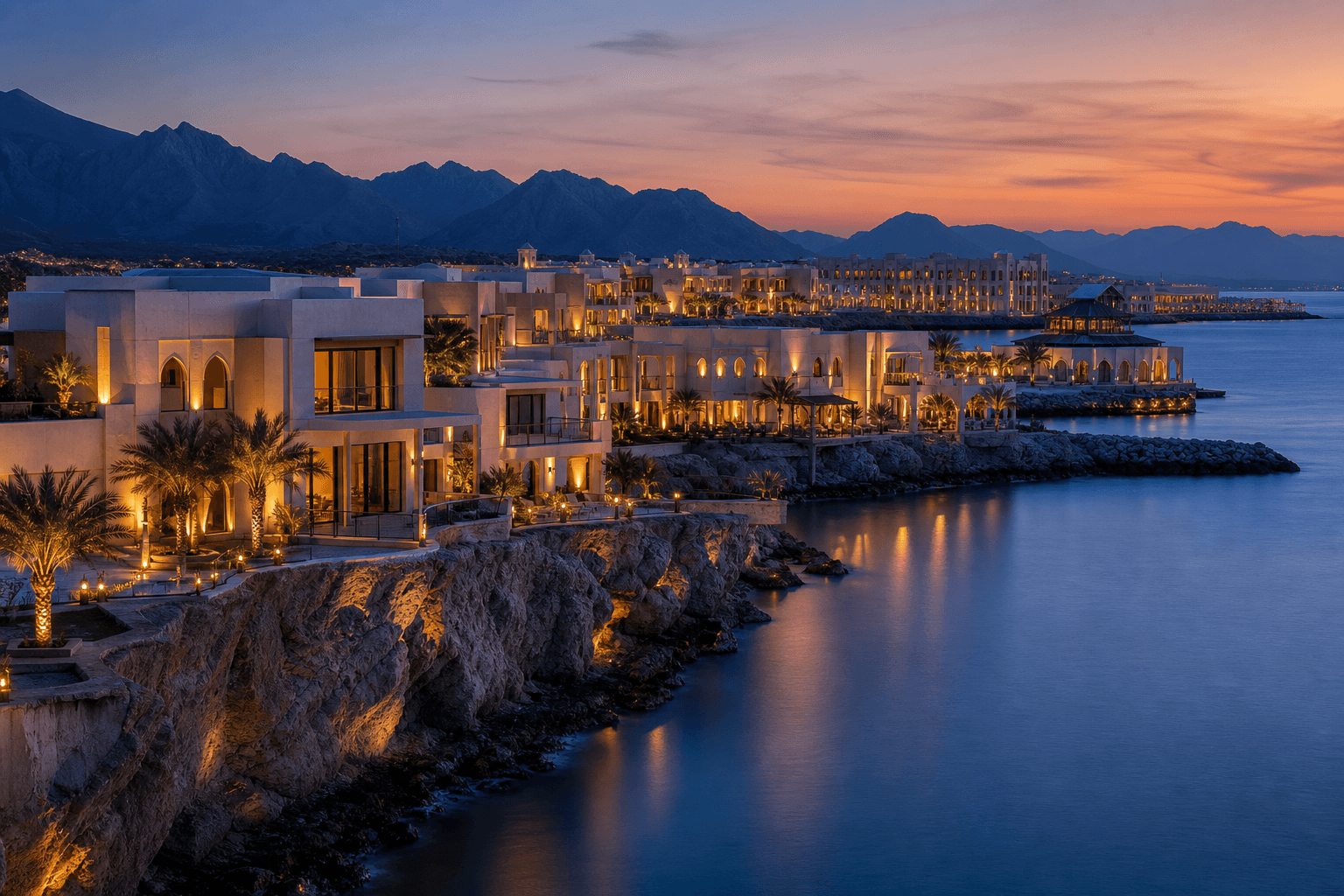 Muscat coastal Integrated Tourism Complex at blue hour