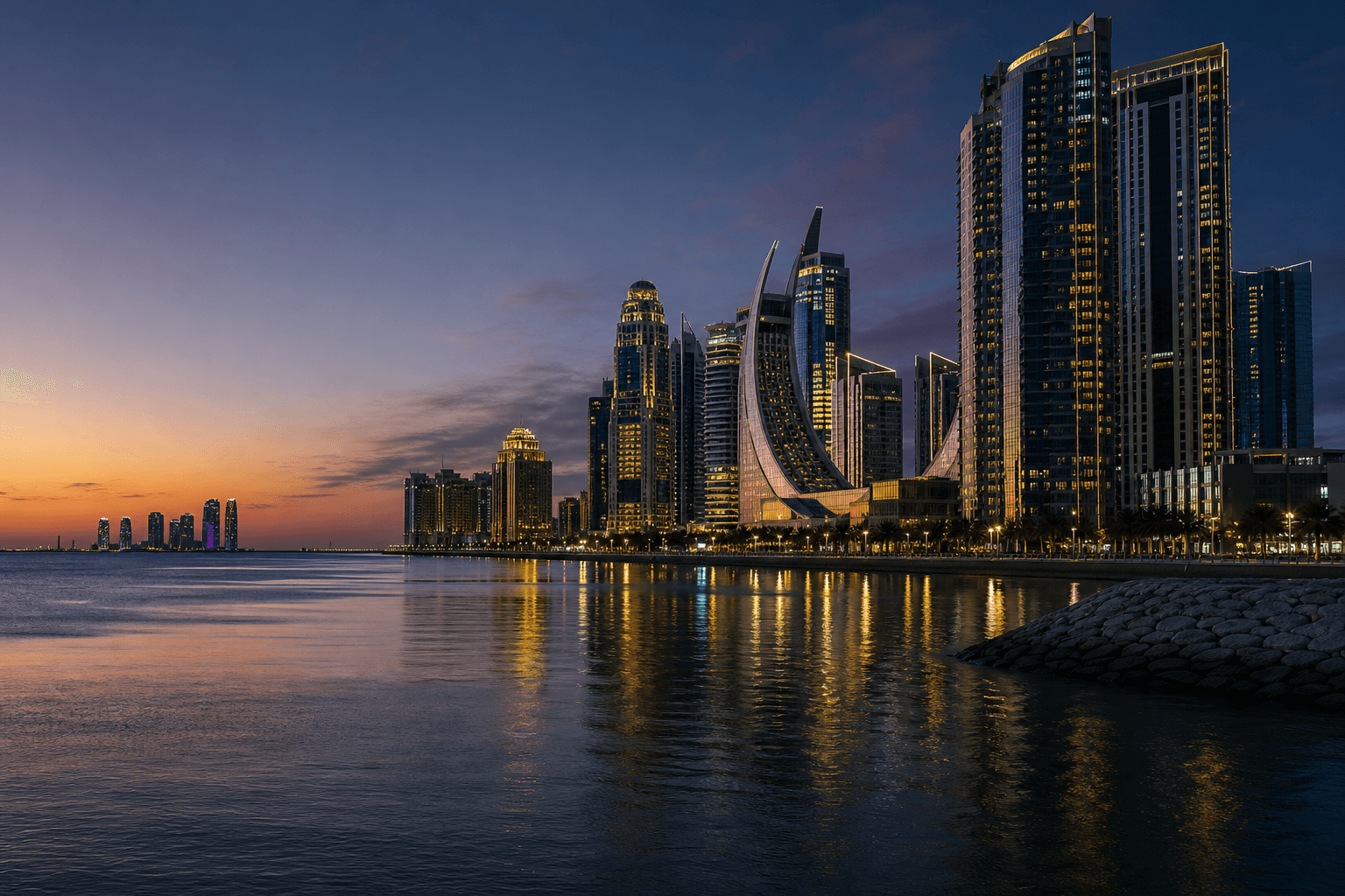 Doha waterfront skyline at blue hour