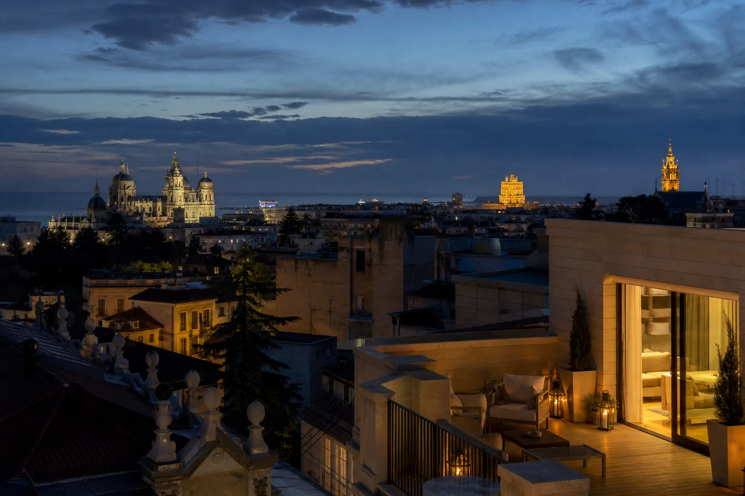 Spanish city architecture at dusk
