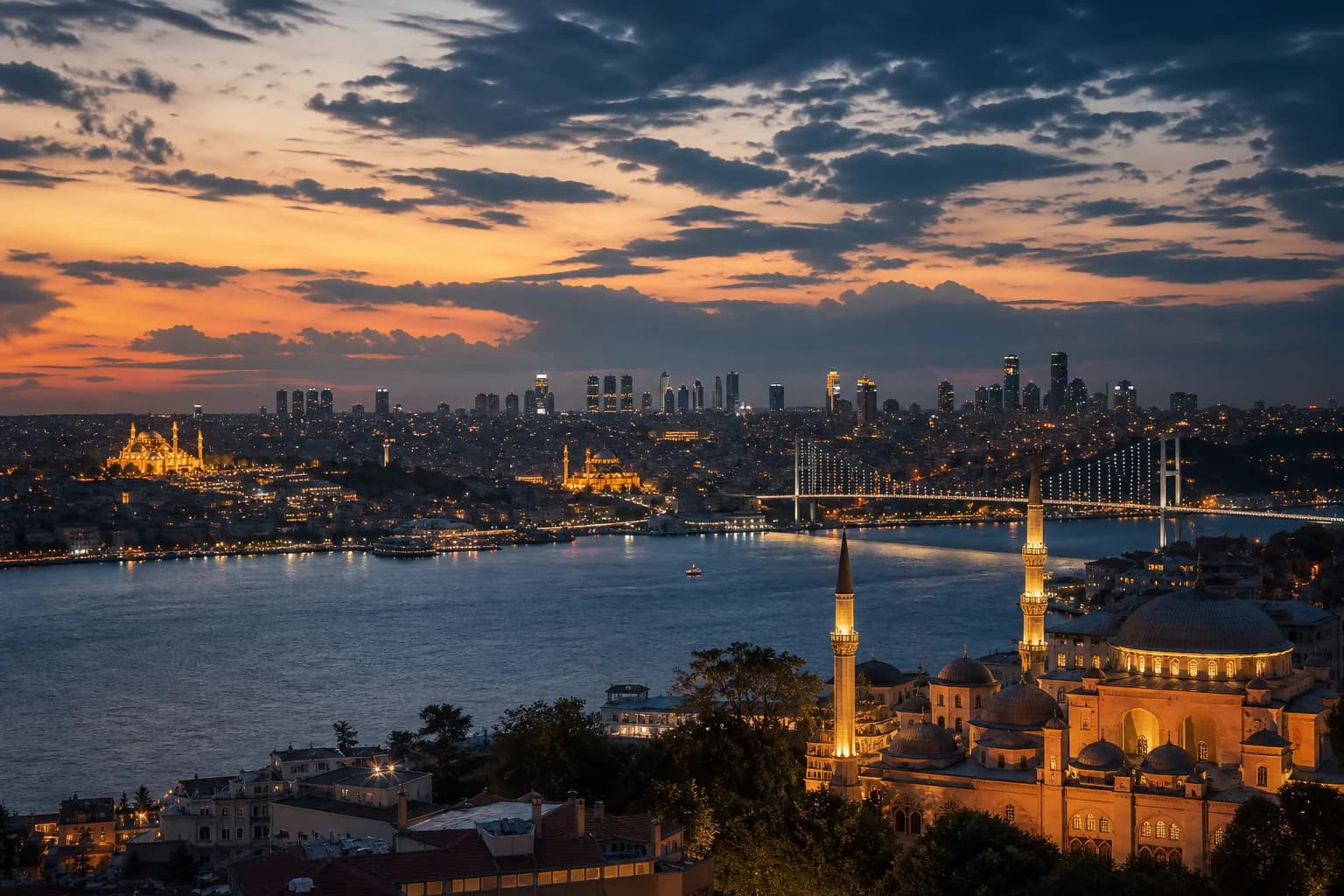 Istanbul skyline along the Bosphorus at dusk