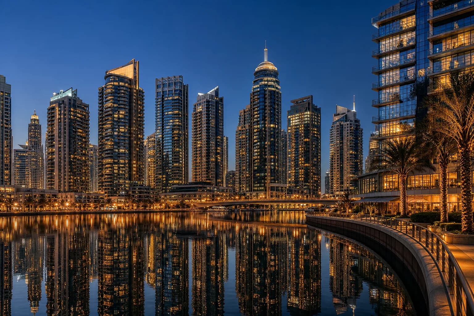 Dubai Marina skyline at blue hour