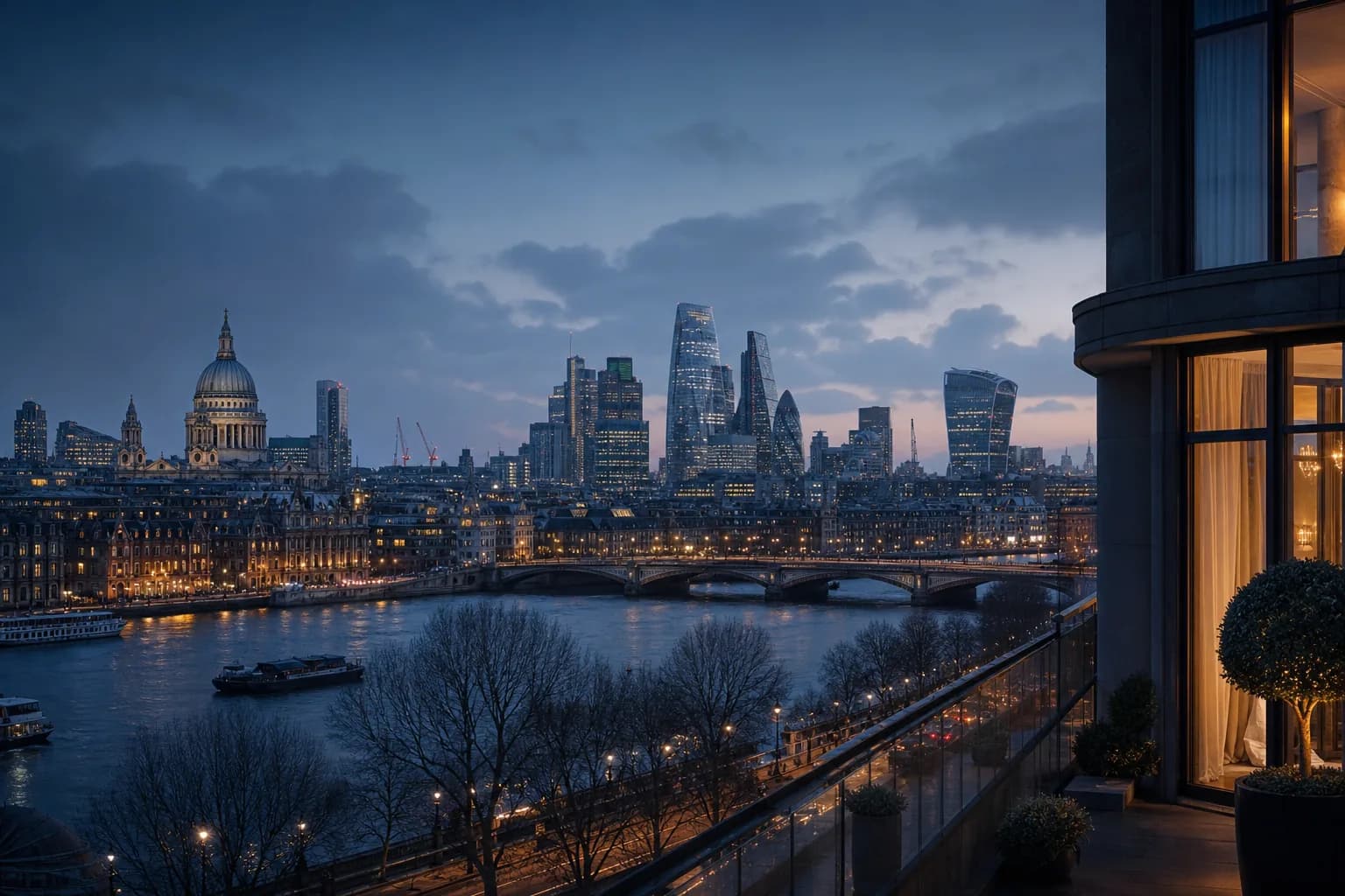 London skyline along the Thames at dusk