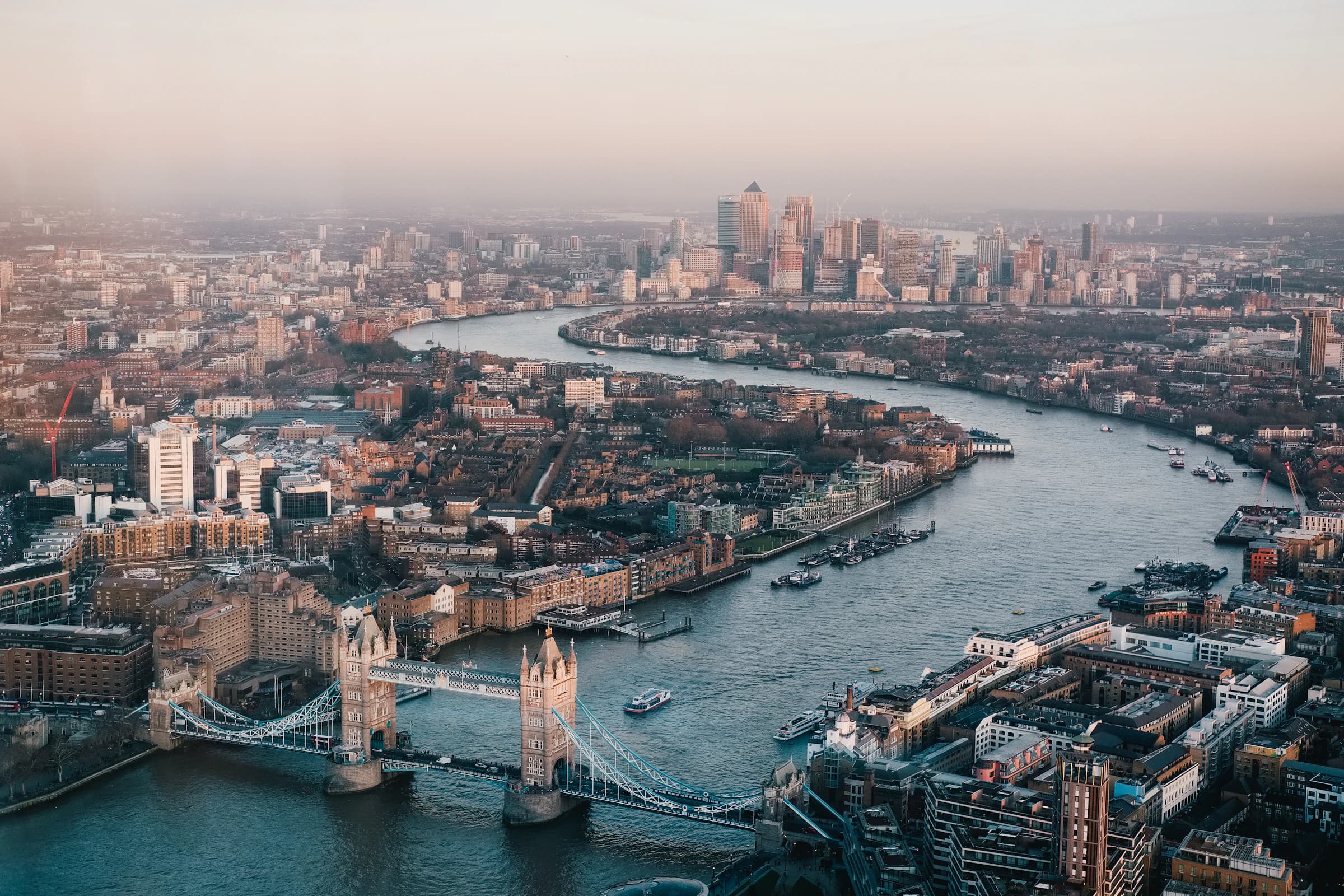 London skyline along the Thames at dusk